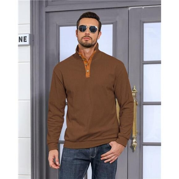 Mens Corduroy Sweatshirt Long Sleeve Button Pullover Stand Collar Thermal Top - Picture 3 of 7